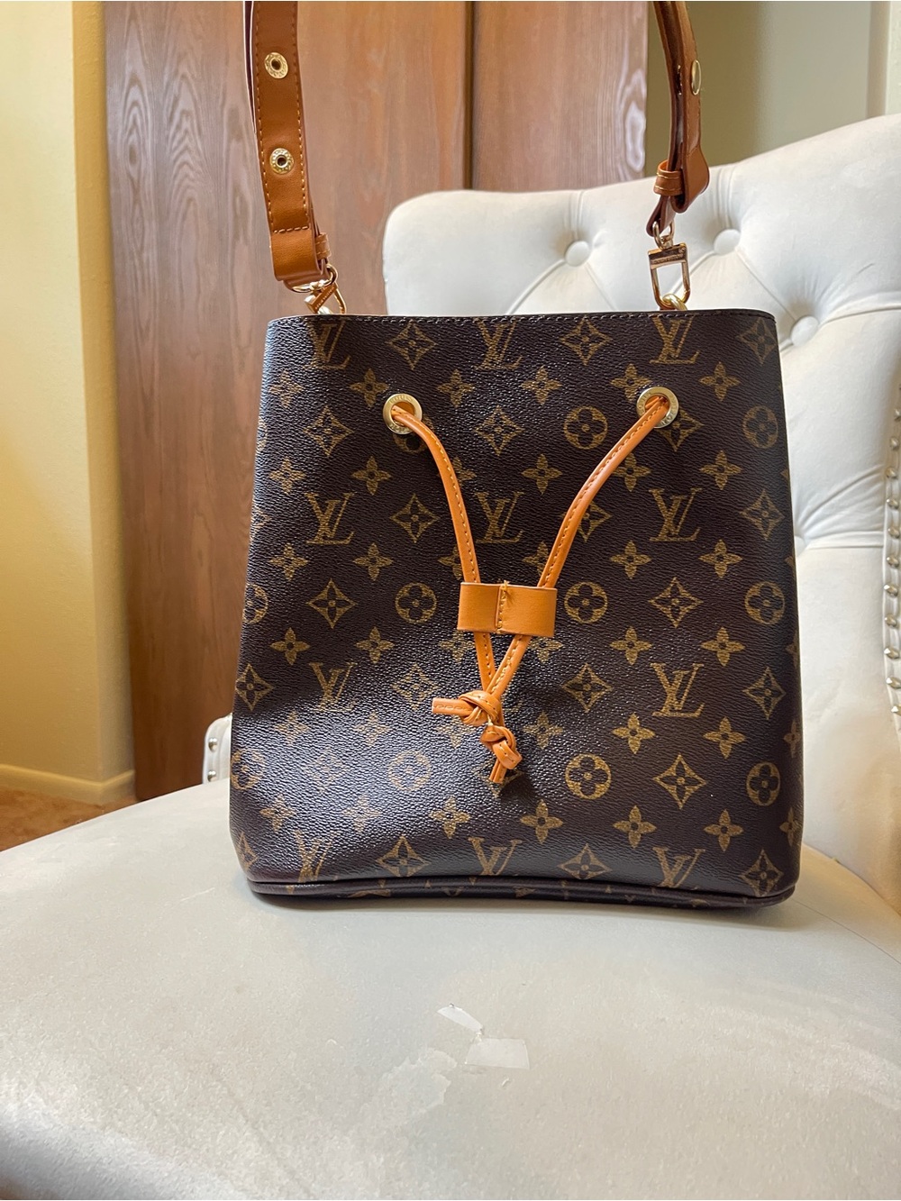Brown and Tan Monogram Drawstring Shoulder Bag